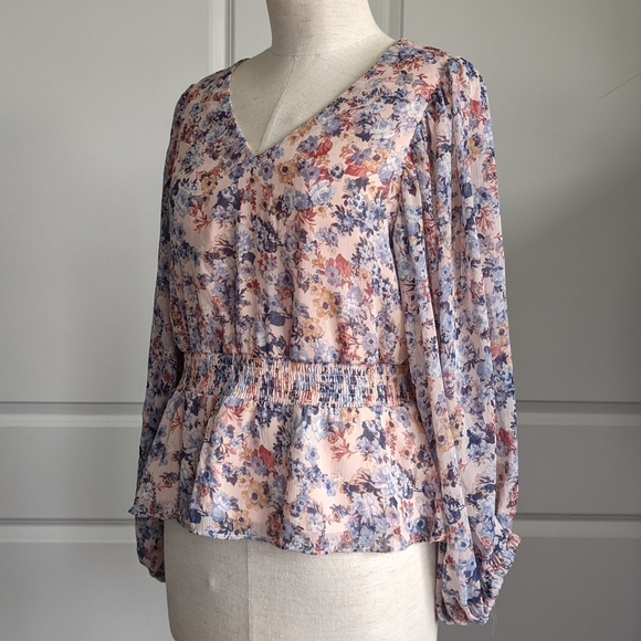 1. State Blouse V-Neck Long Sleeves Sheer Floral Peplum Waist Pink Blues M NWT - Picture 12 of 15